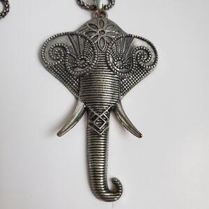 Large Rustic Silver Ornate Elephant Pendant Necklace Ribbed Trunk + Tusks